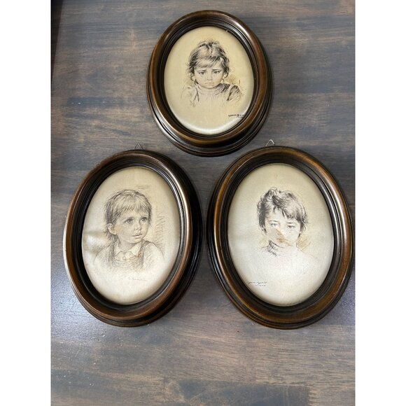 3 Vintage Italian Oval Frame Silk Print Wall Art Decor Child No Glass 8" x 6" - Picture 1 of 9